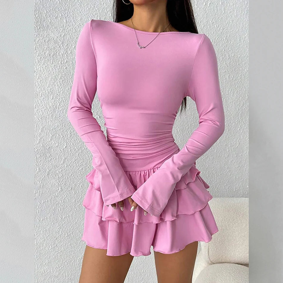 2026 Women Long Sleeve Slimming Dresses O-neck Europe Style A-Line Multilayer Falbala Solid Color Casual Mini Dress