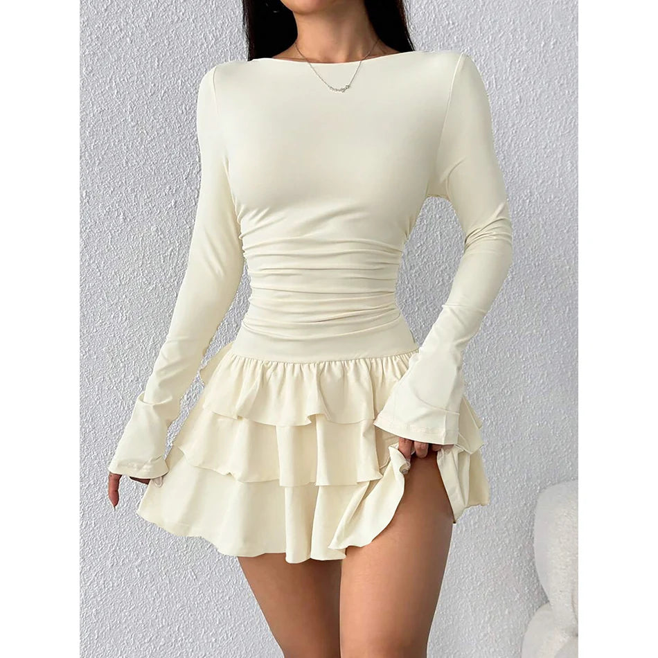 2026 Women Long Sleeve Slimming Dresses O-neck Europe Style A-Line Multilayer Falbala Solid Color Casual Mini Dress