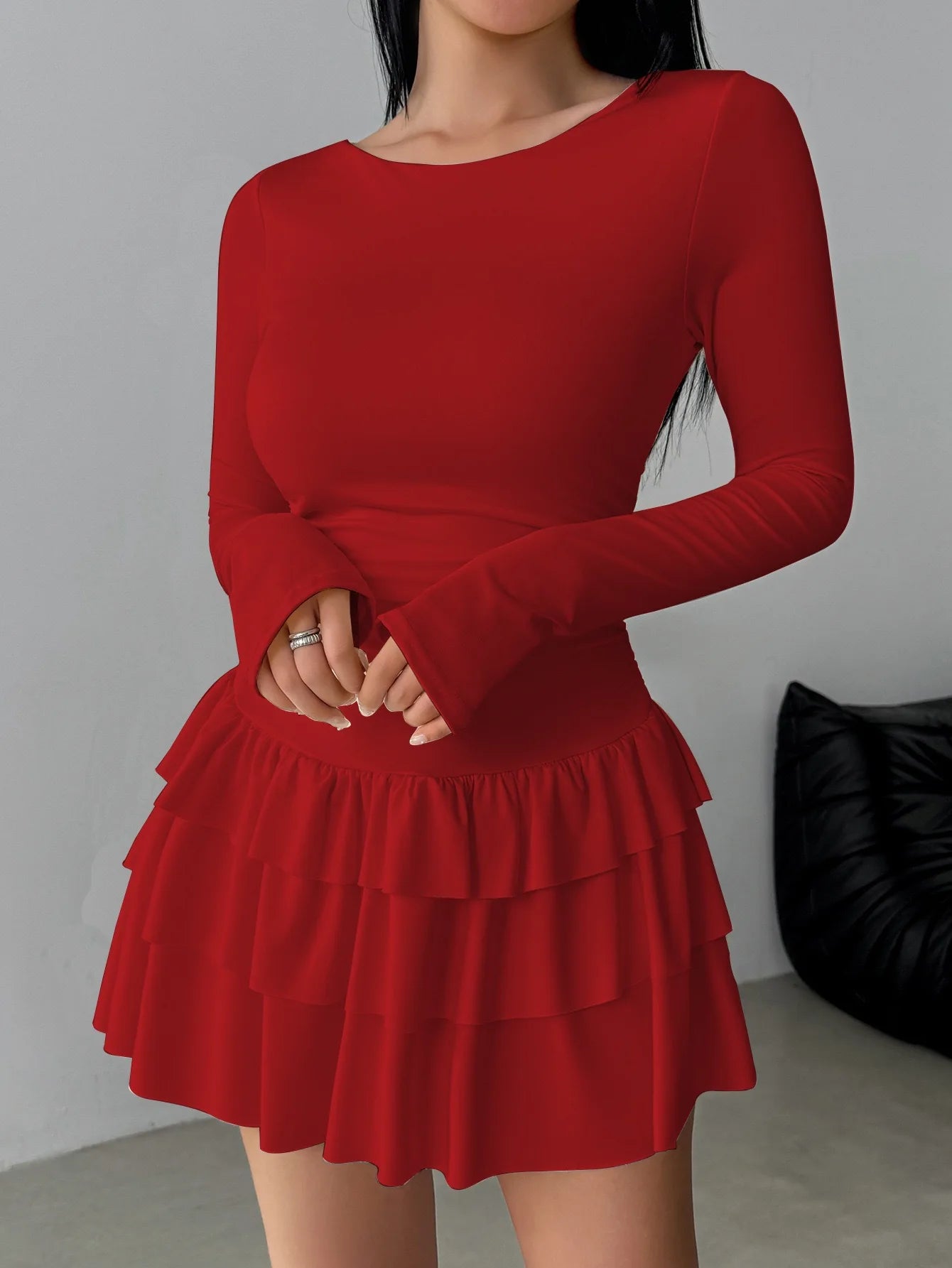 Europe and America Cross-border Foreign Trade New Solid Color Slim Fit Slimming Layer Ruffled Cake Skirt Dress