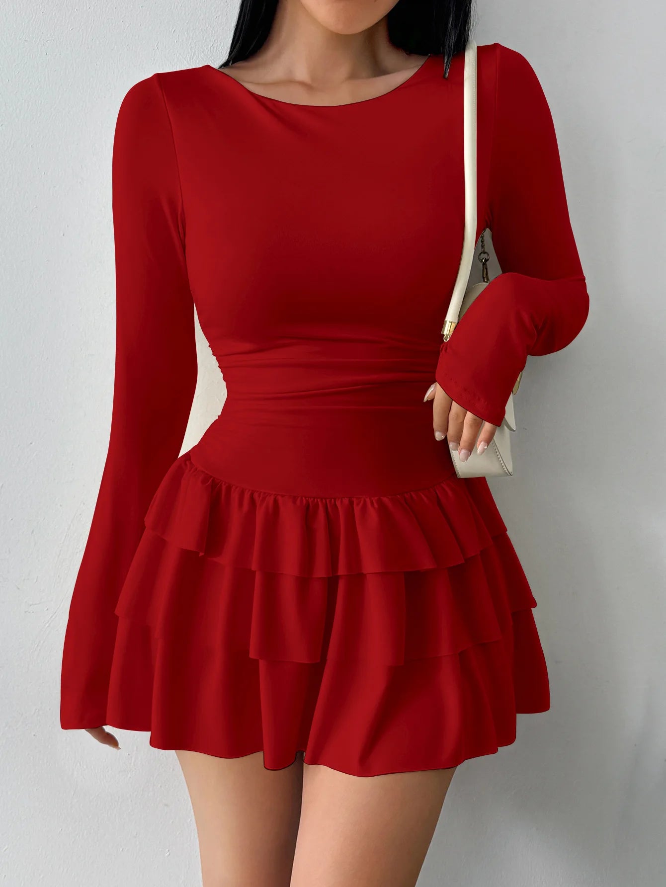 2026 Women Long Sleeve Slimming Dresses O-neck Europe Style A-Line Multilayer Falbala Solid Color Casual Mini Dress
