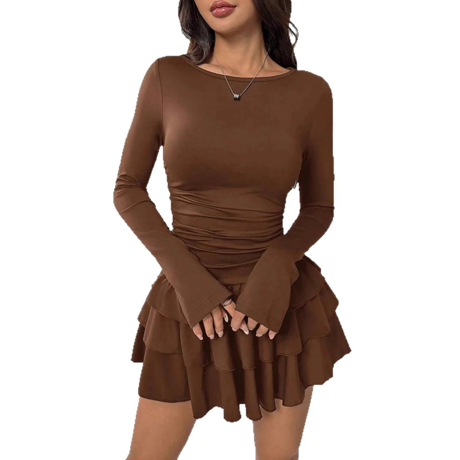 Europe and America Cross-border Foreign Trade New Solid Color Slim Fit Slimming Layer Ruffled Cake Skirt Dress
