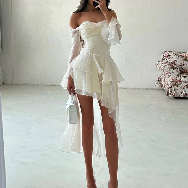 Women's Summer New Off Shoulder Chest Irregular Ruffle Sexy Dresses Sehe Fashion