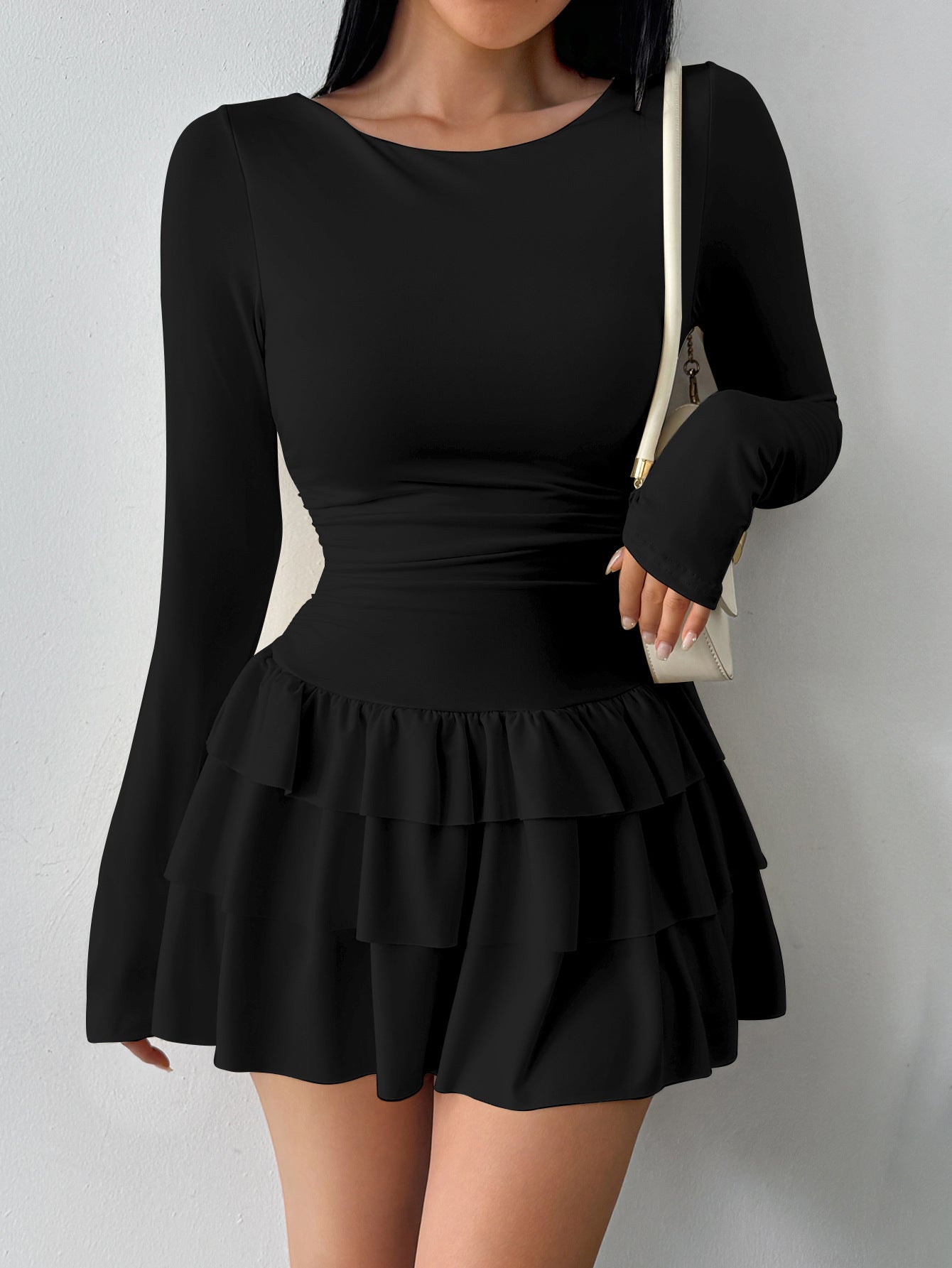 2026 Women Long Sleeve Slimming Dresses O-neck Europe Style A-Line Multilayer Falbala Solid Color Casual Mini Dress