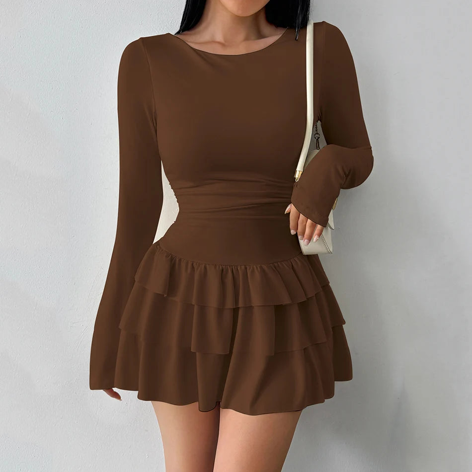 2026 Women Long Sleeve Slimming Dresses O-neck Europe Style A-Line Multilayer Falbala Solid Color Casual Mini Dress