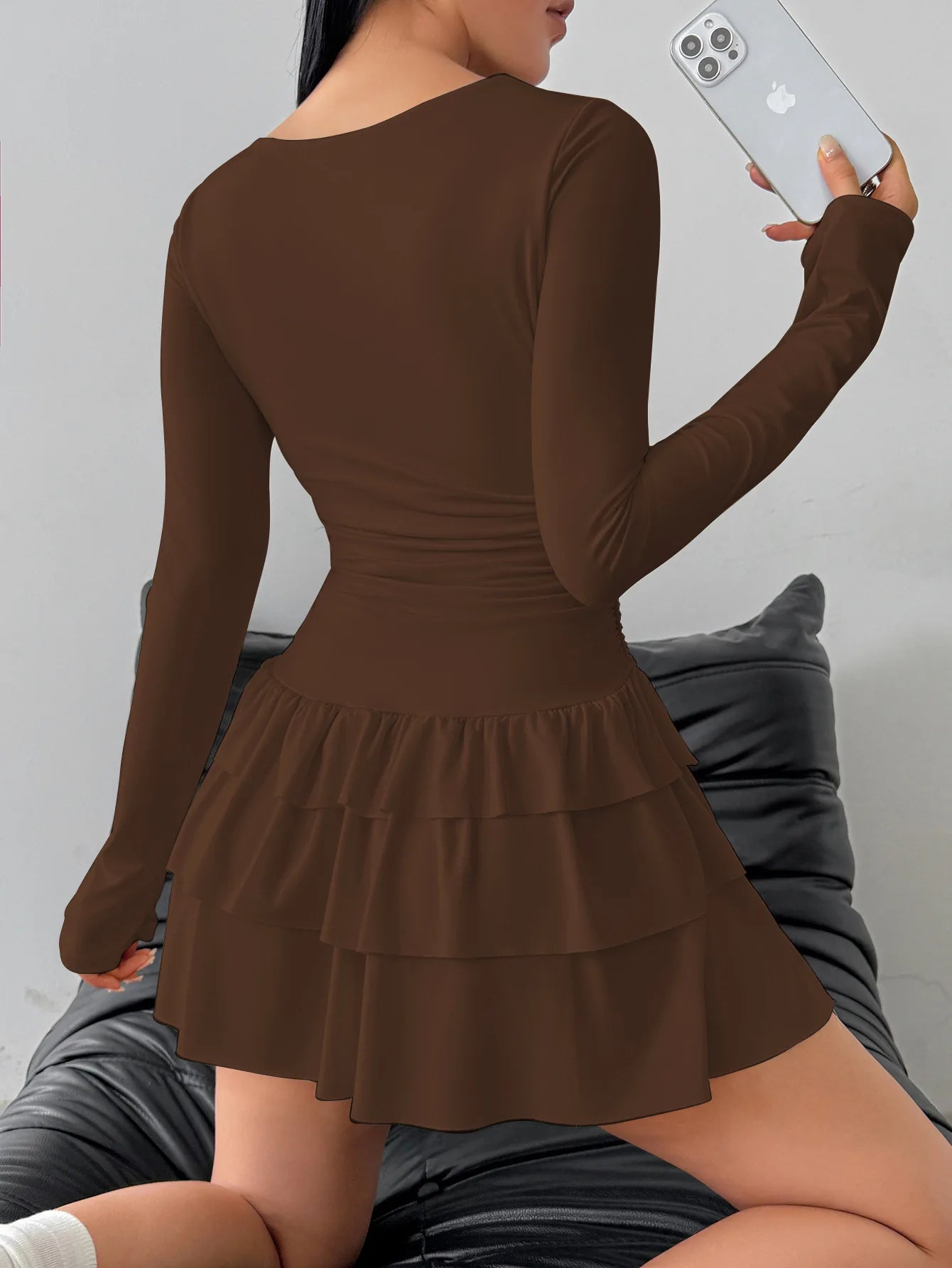 2026 Women Long Sleeve Slimming Dresses O-neck Europe Style A-Line Multilayer Falbala Solid Color Casual Mini Dress