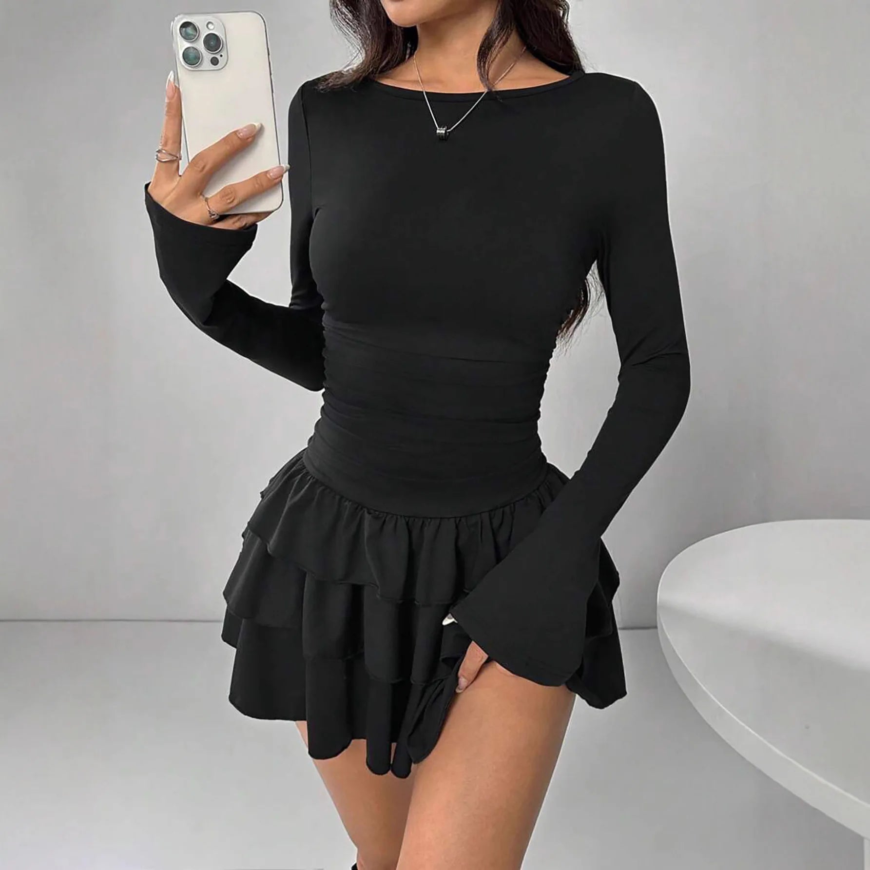 Trendy Black Off Shoulder Dress Long Sleeve Smocked Waist Tiered Mini Dress Casual Clubbing Streetwear Hot Sale Women's Dress
