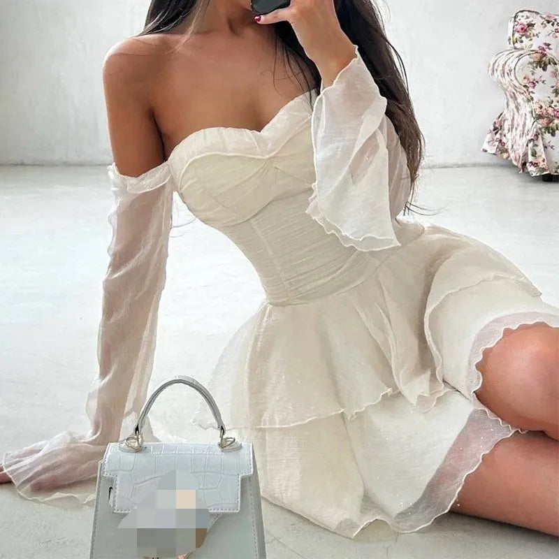 Women's Summer New Off Shoulder Chest Irregular Ruffle Sexy Dresses Sehe Fashion