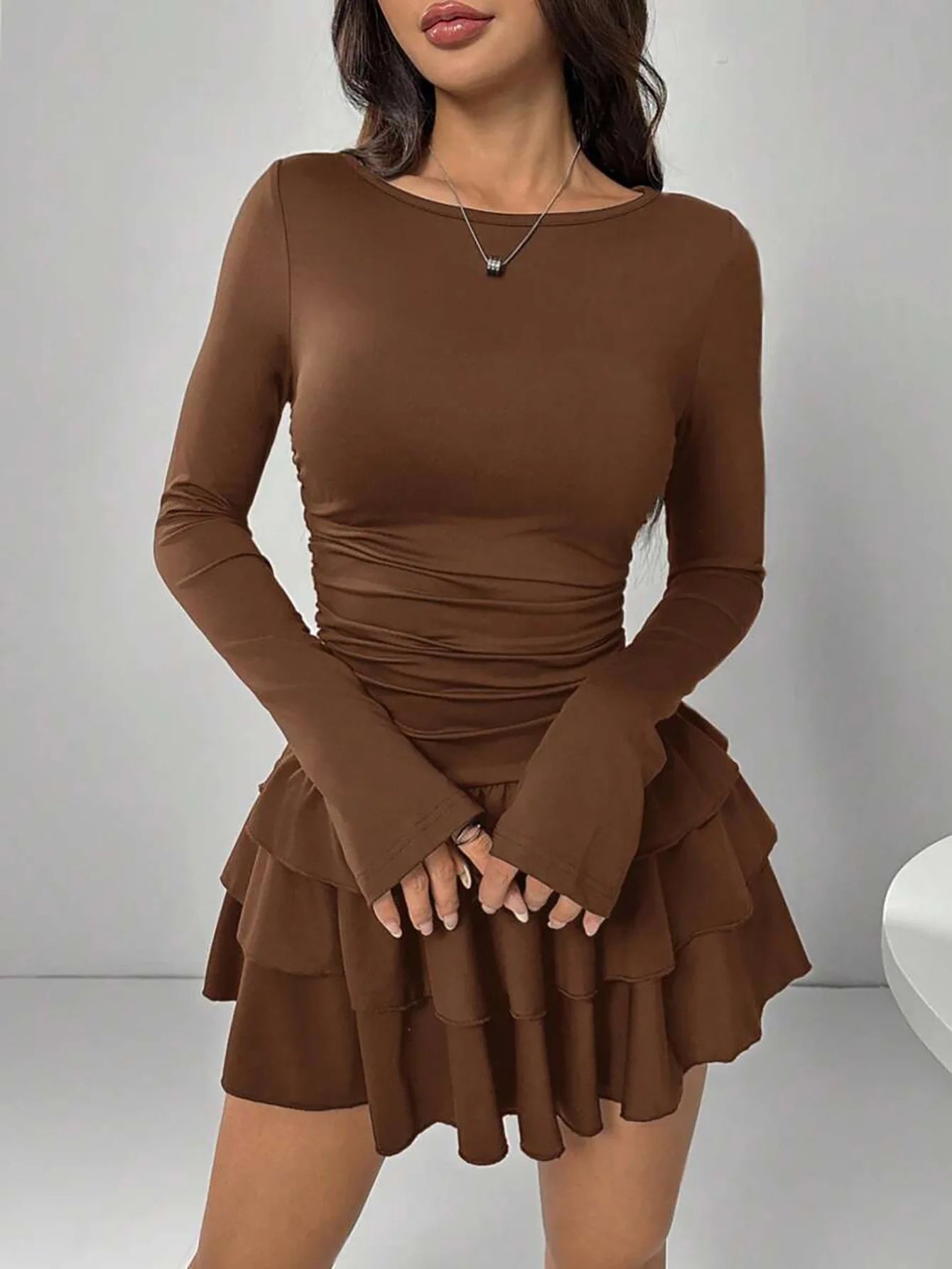 Europe and America Cross-border Foreign Trade New Solid Color Slim Fit Slimming Layer Ruffled Cake Skirt Dress