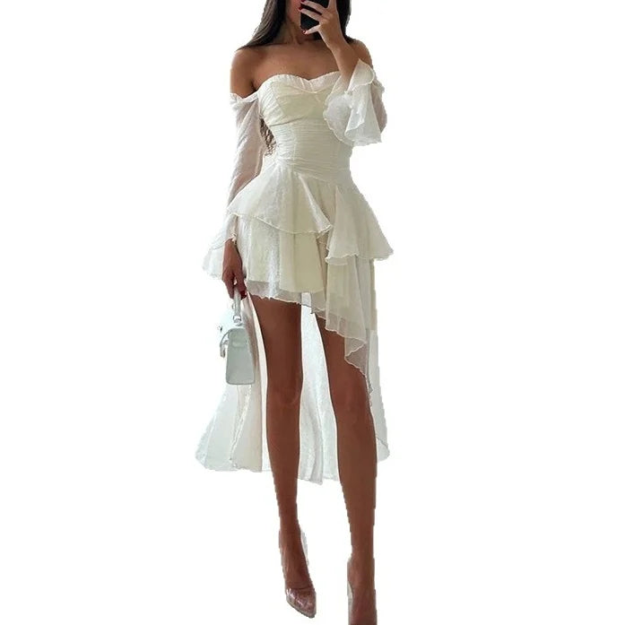 Women's Summer New Off Shoulder Chest Irregular Ruffle Sexy Dresses Sehe Fashion