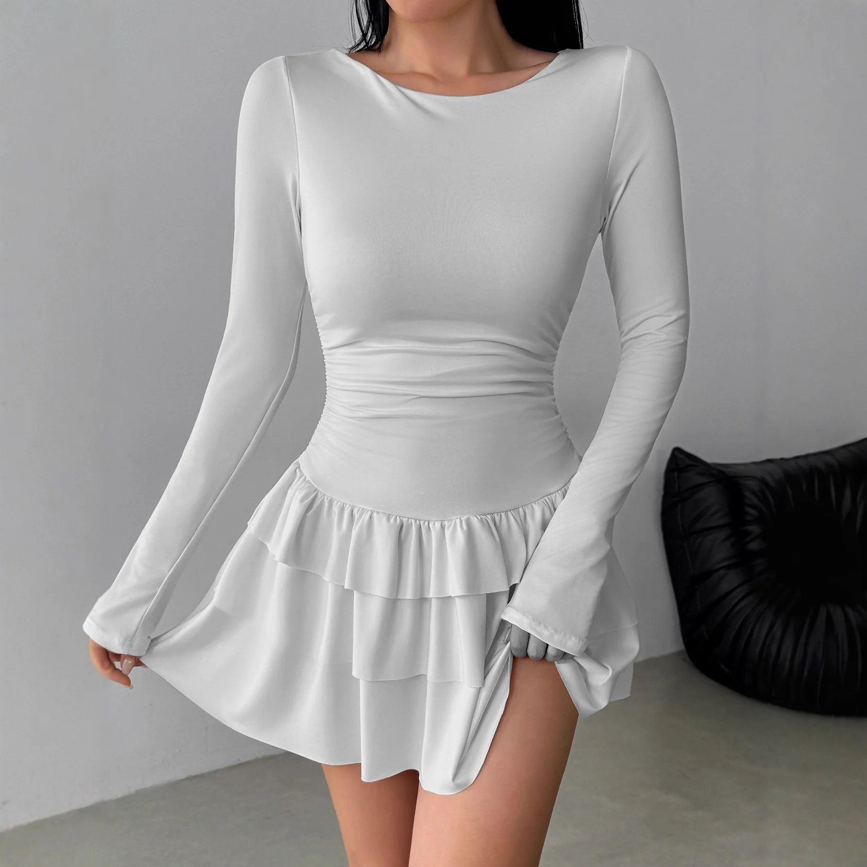 Europe and America Cross-border Foreign Trade New Solid Color Slim Fit Slimming Layer Ruffled Cake Skirt Dress