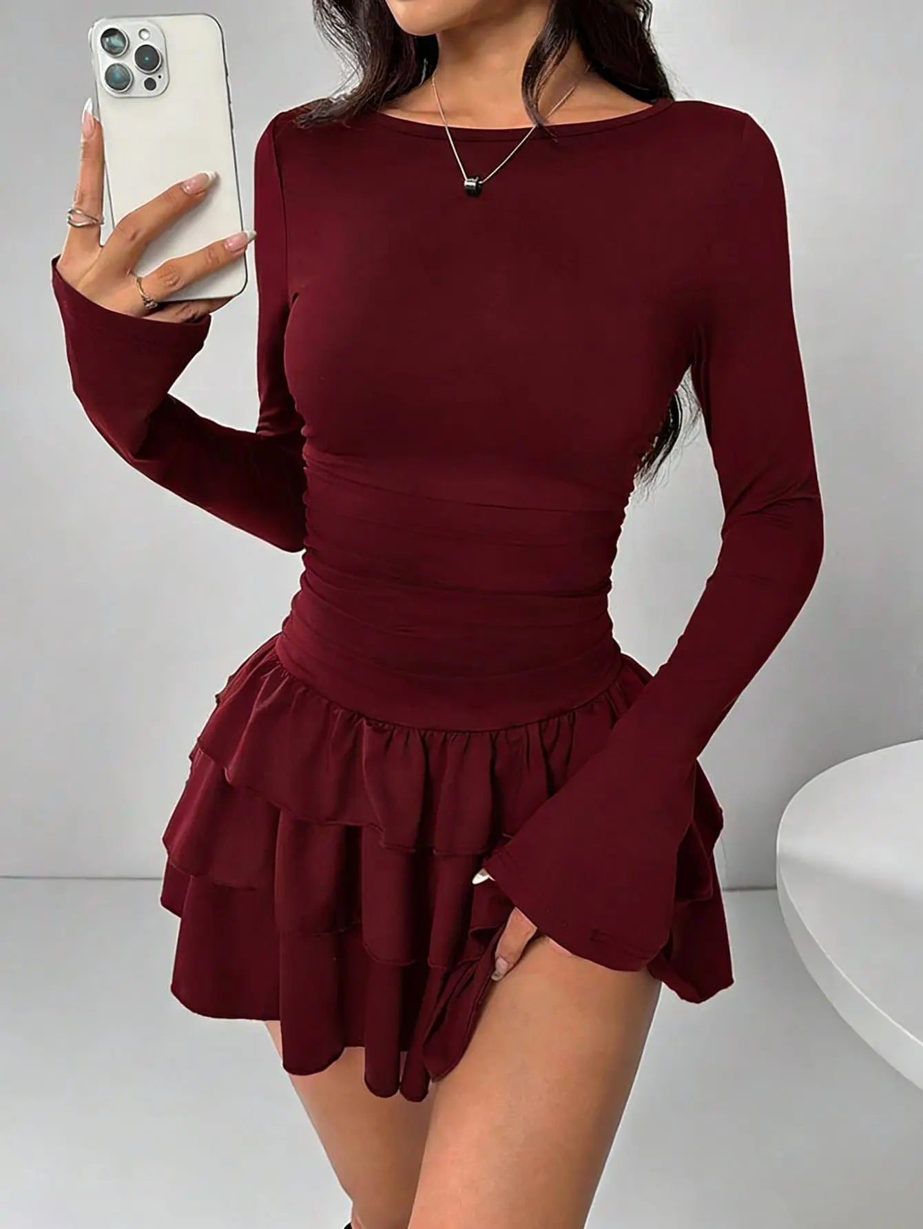2026 Women Long Sleeve Slimming Dresses O-neck Europe Style A-Line Multilayer Falbala Solid Color Casual Mini Dress