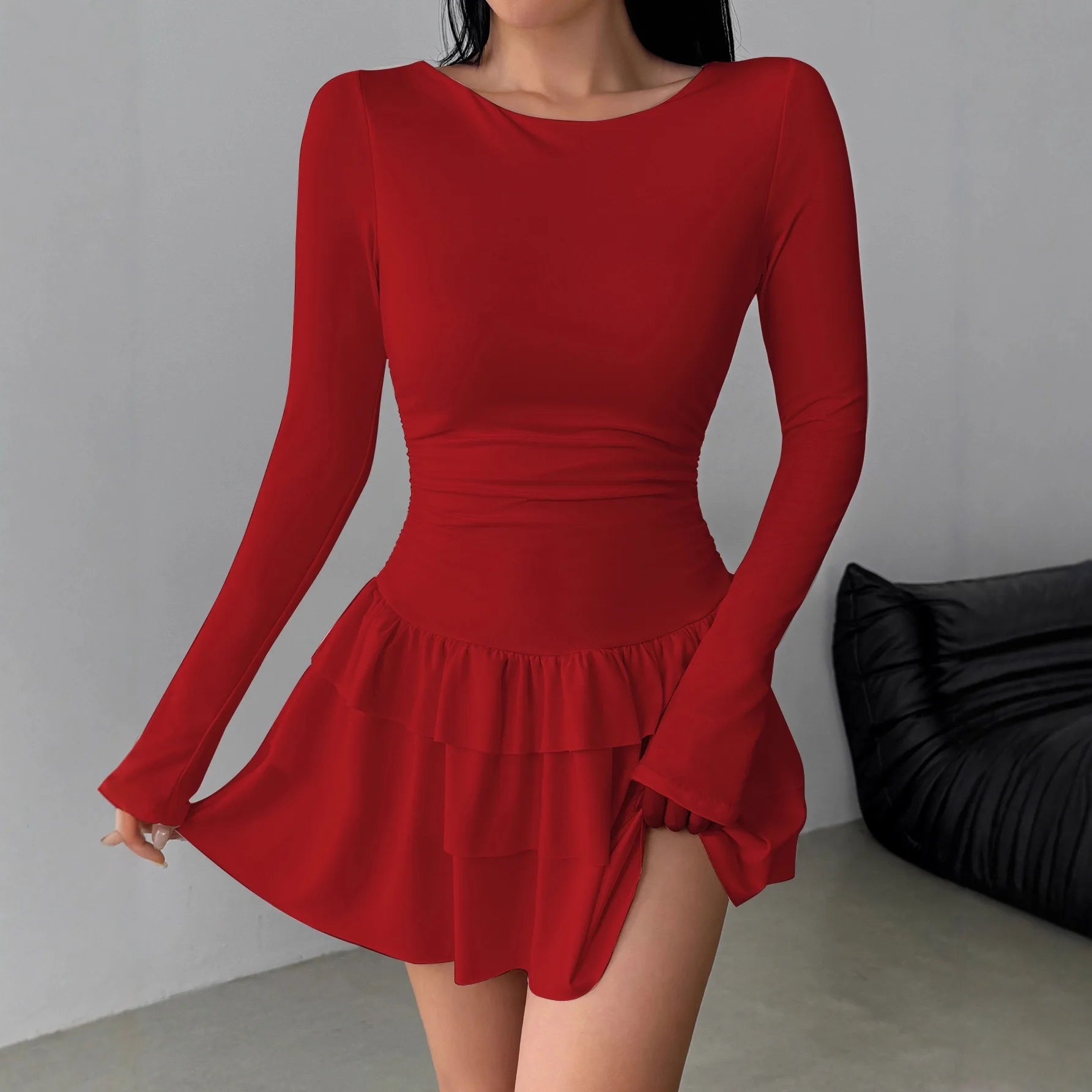 Europe and America Cross-border Foreign Trade New Solid Color Slim Fit Slimming Layer Ruffled Cake Skirt Dress