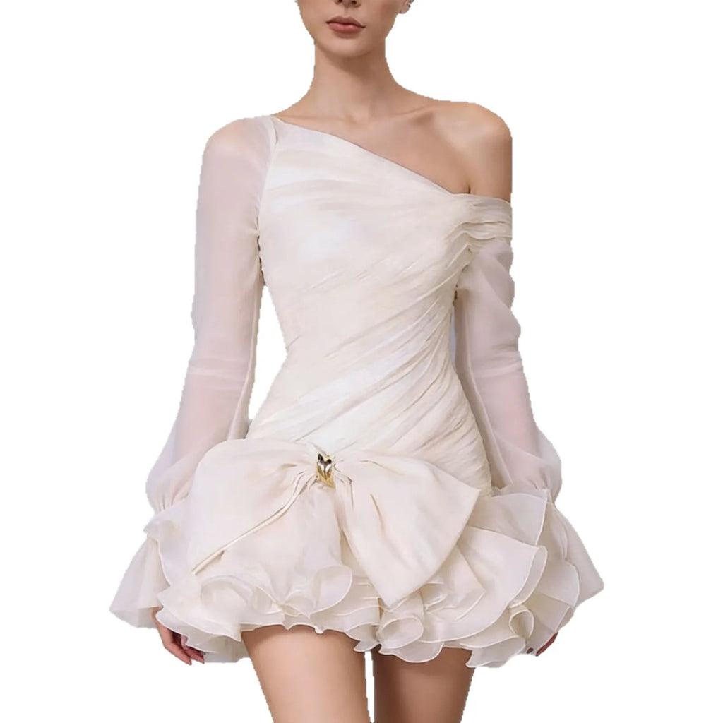 Elegant Ruched Mini Dress Oversized Bow Flare Sleeves Women Luxury Chiffon A-Line Washable Ruffle Hem Party Dress