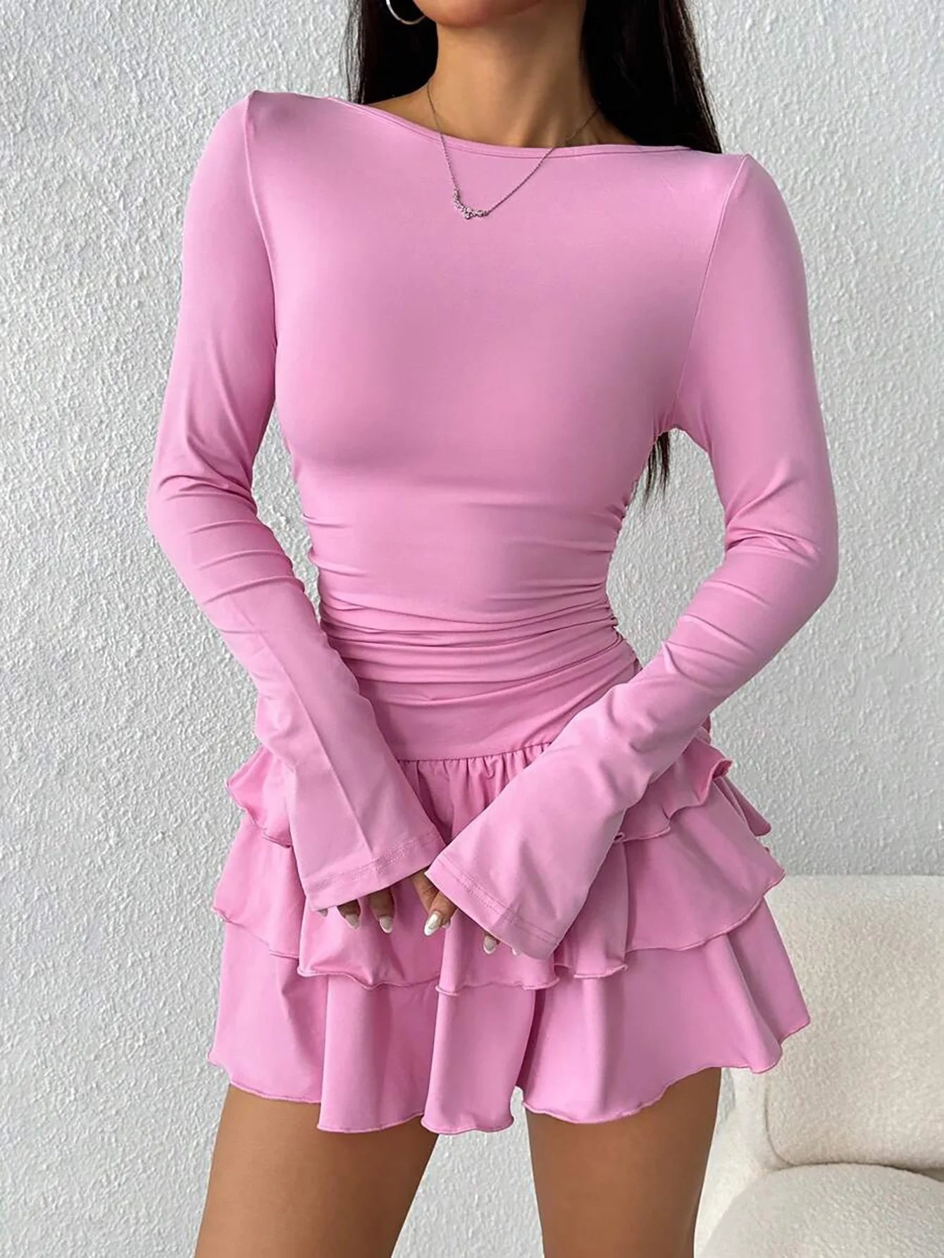 Europe and America Cross-border Foreign Trade New Solid Color Slim Fit Slimming Layer Ruffled Cake Skirt Dress