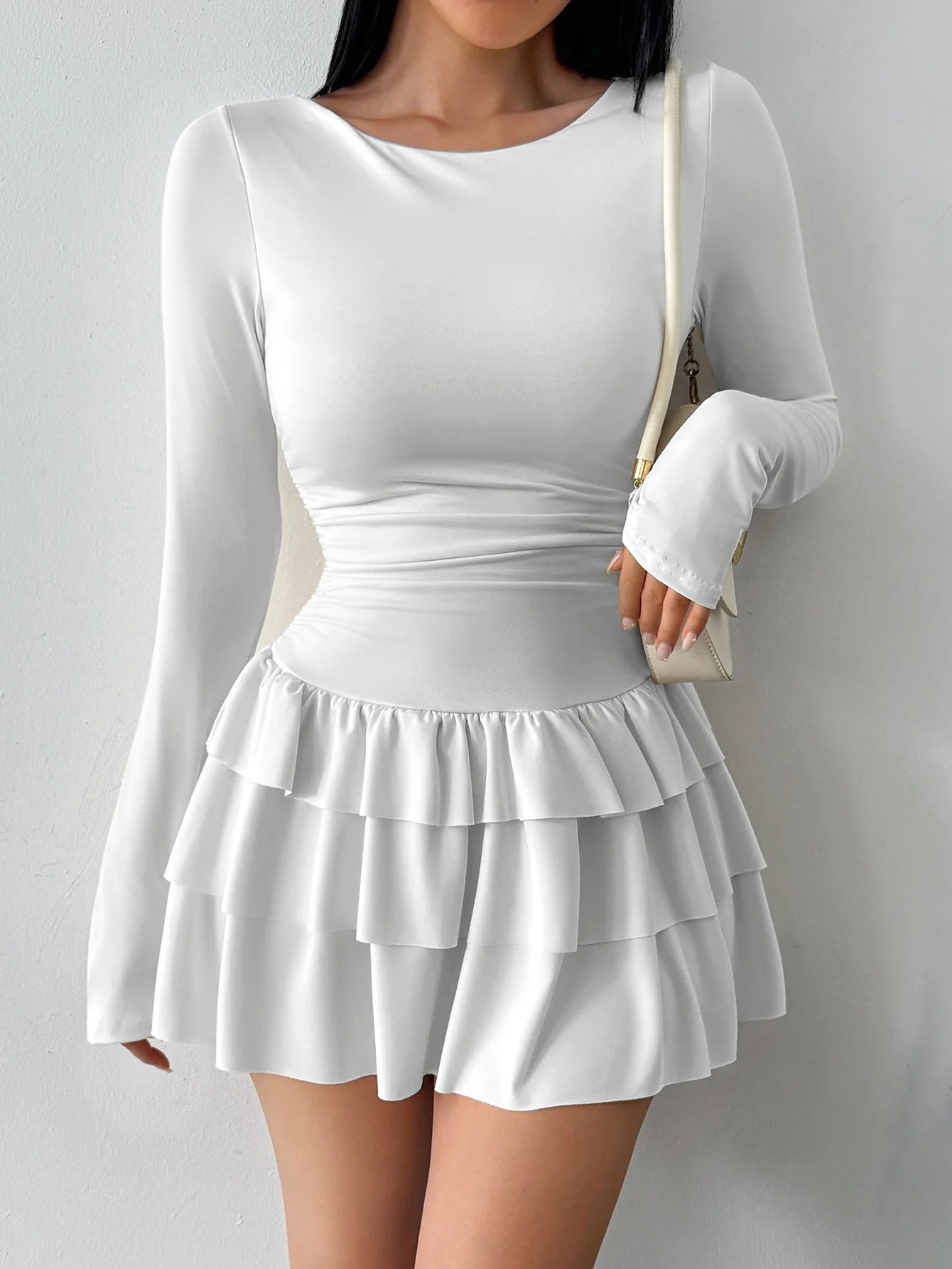 Europe and America Cross-border Foreign Trade New Solid Color Slim Fit Slimming Layer Ruffled Cake Skirt Dress