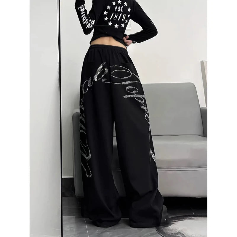 Women Black Oversize Letter Pants Harajuku Baggy Sweatpants 2000s Y2k Vintage Streetwear Japanese 2000s Trousers Spring Clothes