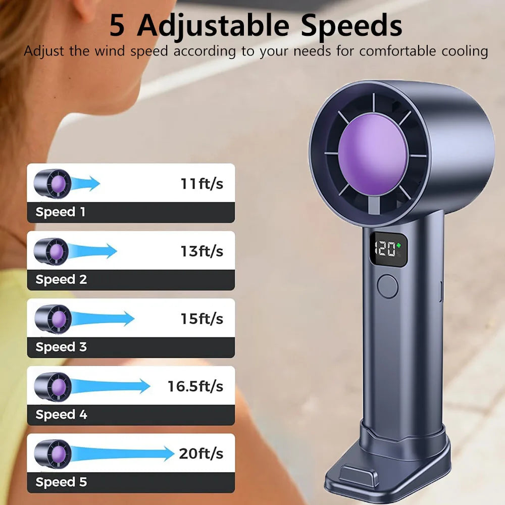 Handheld Portable Fan Stronger Mini Desk Fan with Phone Stand 5 Speed LED Display Rechargeable Personal Fan for Outdoor Travel