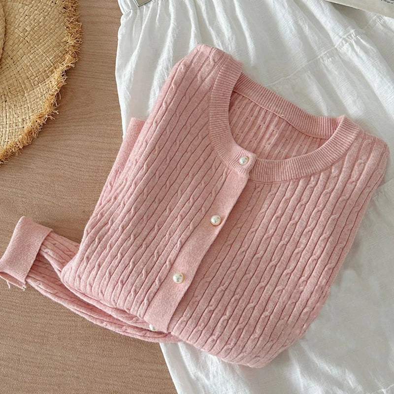 Elegant Long Sleeve Knitwear Tops Women Autumn Winter Single Breasted Sweater O Neck Thick Warm Knitted Cardigan Female