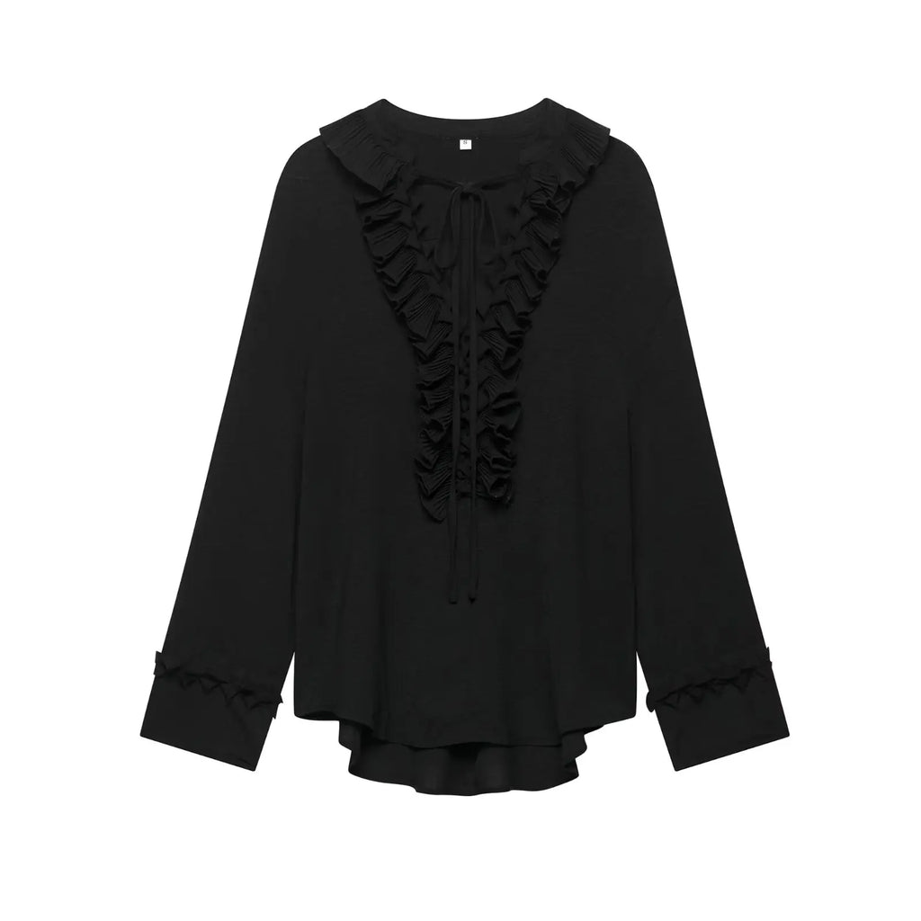 HH Women Summer Fashion Skirt Suit V-Neck Long Sleeves Tierred Decoration Lace-Up Shirts+Side Zipper Circular Chiffon Skirt