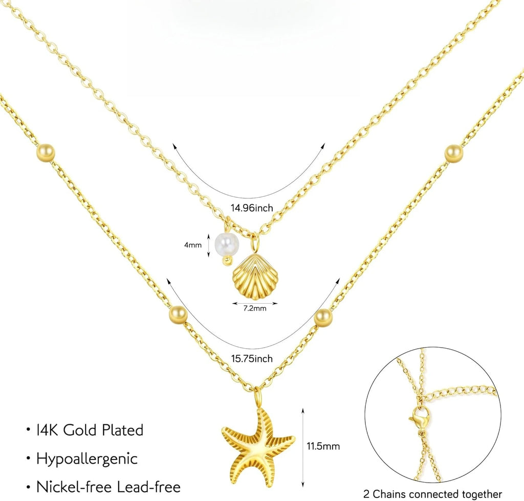 Women Shell Necklace 14k Gold Plated Stainless Steel Layered Starfish Conch SeaShell Pearl Charm Necklace Summer Beach Jewelry