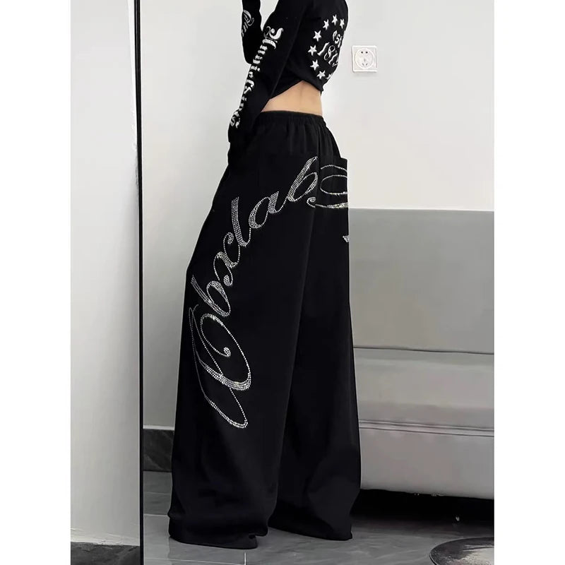 Women Black Oversize Letter Pants Harajuku Baggy Sweatpants 2000s Y2k Vintage Streetwear Japanese 2000s Trousers Spring Clothes