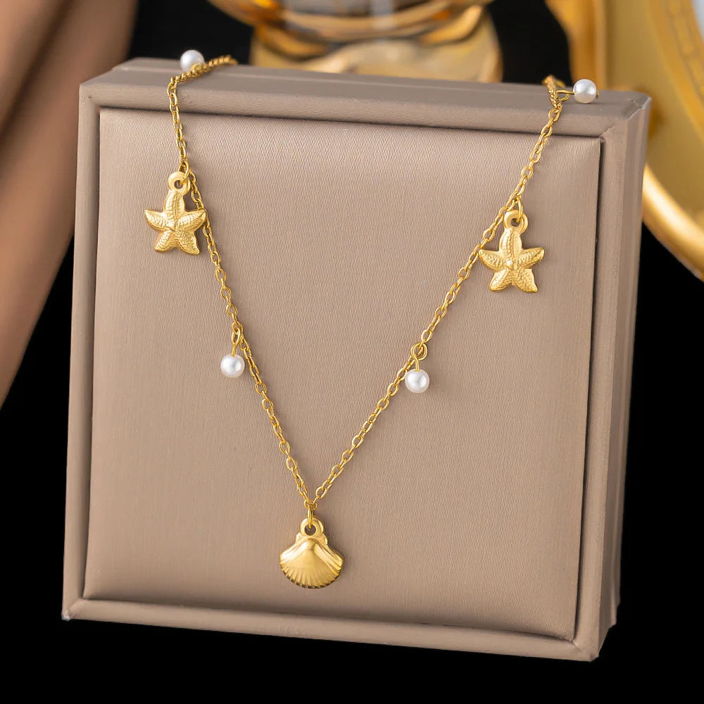 Women Shell Necklace 14k Gold Plated Stainless Steel Layered Starfish Conch SeaShell Pearl Charm Necklace Summer Beach Jewelry
