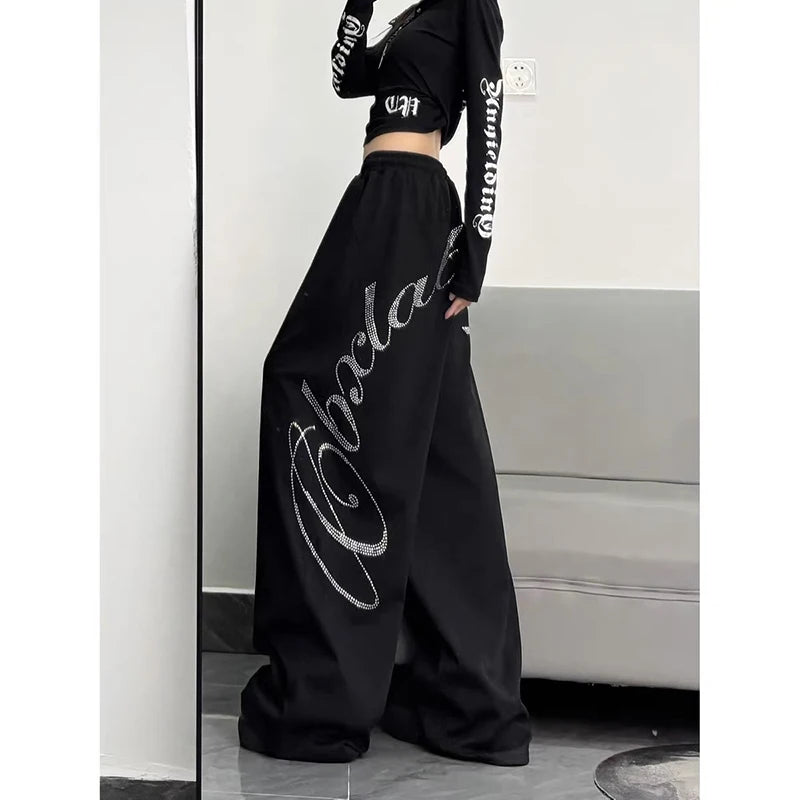 Women Black Oversize Letter Pants Harajuku Baggy Sweatpants 2000s Y2k Vintage Streetwear Japanese 2000s Trousers Spring Clothes