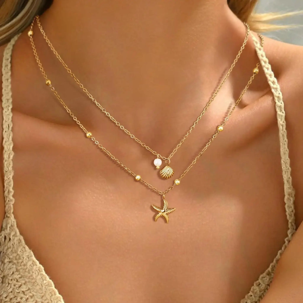 Women Shell Necklace 14k Gold Plated Stainless Steel Layered Starfish Conch SeaShell Pearl Charm Necklace Summer Beach Jewelry