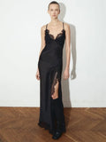 Tossy Black Lace Printed Long Dress For Women V-Neck Backless Slim Patchwork Spaghetti Party Dress Female Summer Bodycon Dress