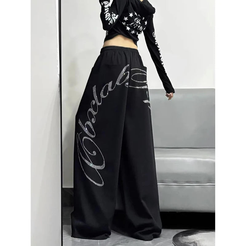 Women Black Oversize Letter Pants Harajuku Baggy Sweatpants 2000s Y2k Vintage Streetwear Japanese 2000s Trousers Spring Clothes