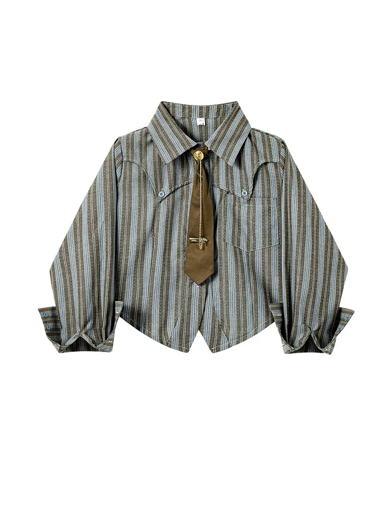 Women Striped Shirts Blouses Vintage Harajuku 90s Aesthetic Y2k 2000s Elegant Polo-Neck Long Sleeve Shirts 2000s Clothes Autumn