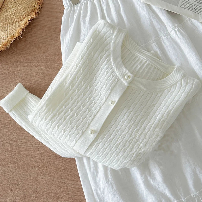 Elegant Long Sleeve Knitwear Tops Women Autumn Winter Single Breasted Sweater O Neck Thick Warm Knitted Cardigan Female