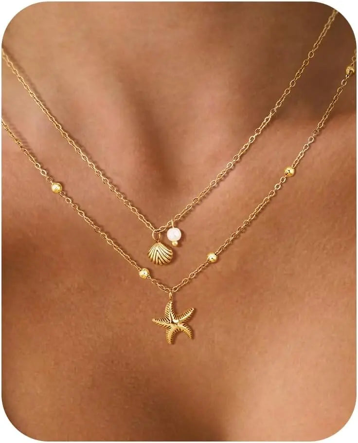 Women Shell Necklace 14k Gold Plated Stainless Steel Layered Starfish Conch SeaShell Pearl Charm Necklace Summer Beach Jewelry