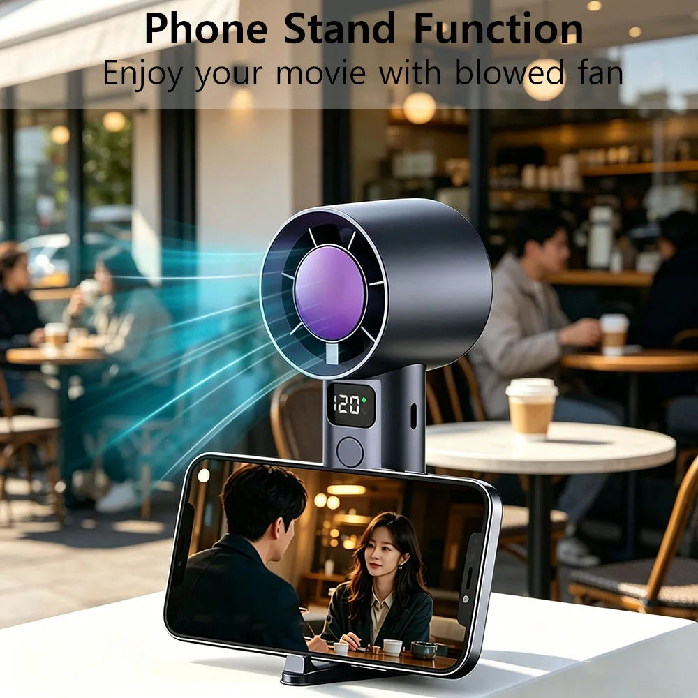 Handheld Portable Fan Stronger Mini Desk Fan with Phone Stand 5 Speed LED Display Rechargeable Personal Fan for Outdoor Travel