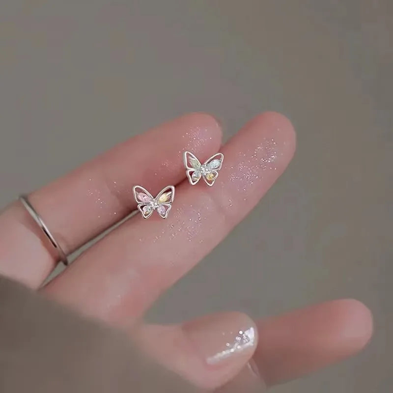 Tibetan Silver Mini Crystal Butterfly Sweet Stud Earrings for Women Flower Helix Cartilage Tragus Lobe Teen Ear Piercing Jewelry